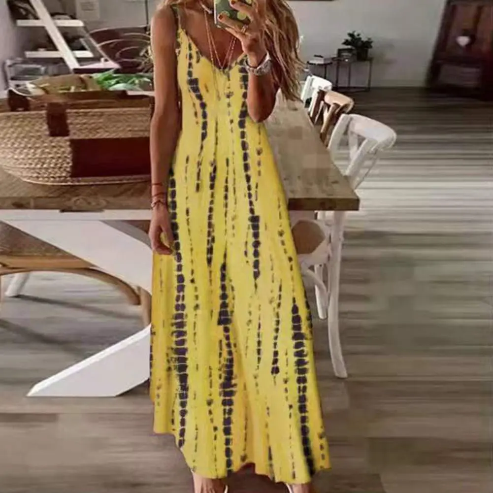 Beach Vacation Women Dress Casual Loose V-neck Tie Dye Printed Spaghetti Maxi Dress Summer Irregular Stripe Print Maxi Dress