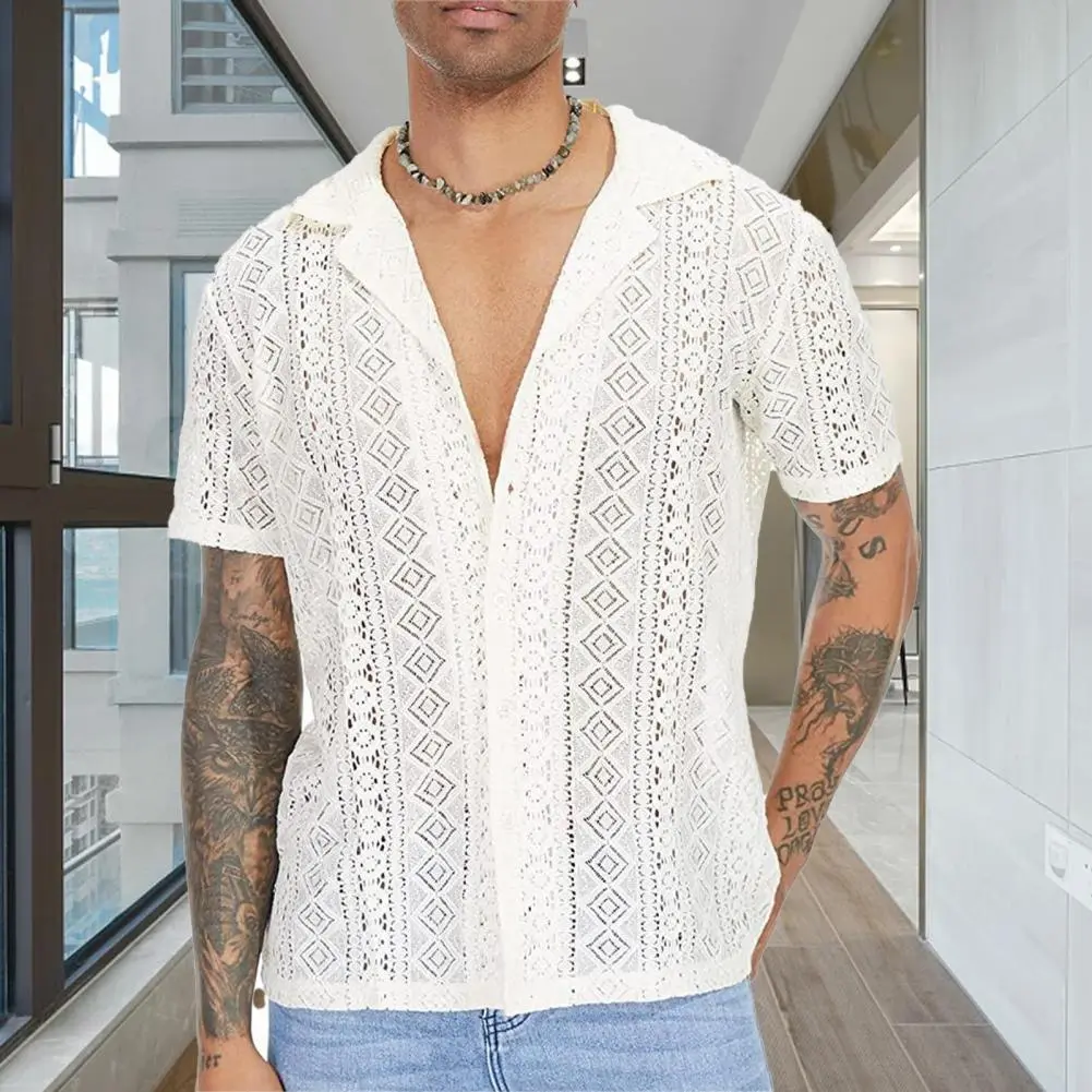 See-through Cutout Men T-shirt Breathable Transparent Short Sleeves Lapel Hollow Out Men Shirt Men Cardigan Party Beach Shirt
