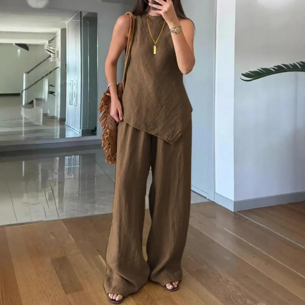 Easy-to-style Two-piece Look Breathable Solid Color Outfit Stylish Women's Irregular Hem 2 Piece Outfit Set with for Summer