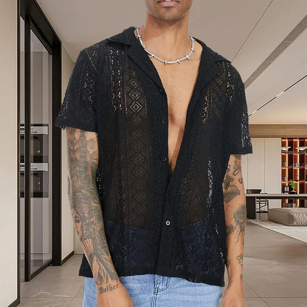 See-through Cutout Men T-shirt Breathable Transparent Short Sleeves Lapel Hollow Out Men Shirt Men Cardigan Party Beach Shirt