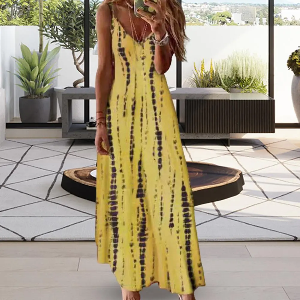 Beach Vacation Women Dress Casual Loose V-neck Tie Dye Printed Spaghetti Maxi Dress Summer Irregular Stripe Print Maxi Dress