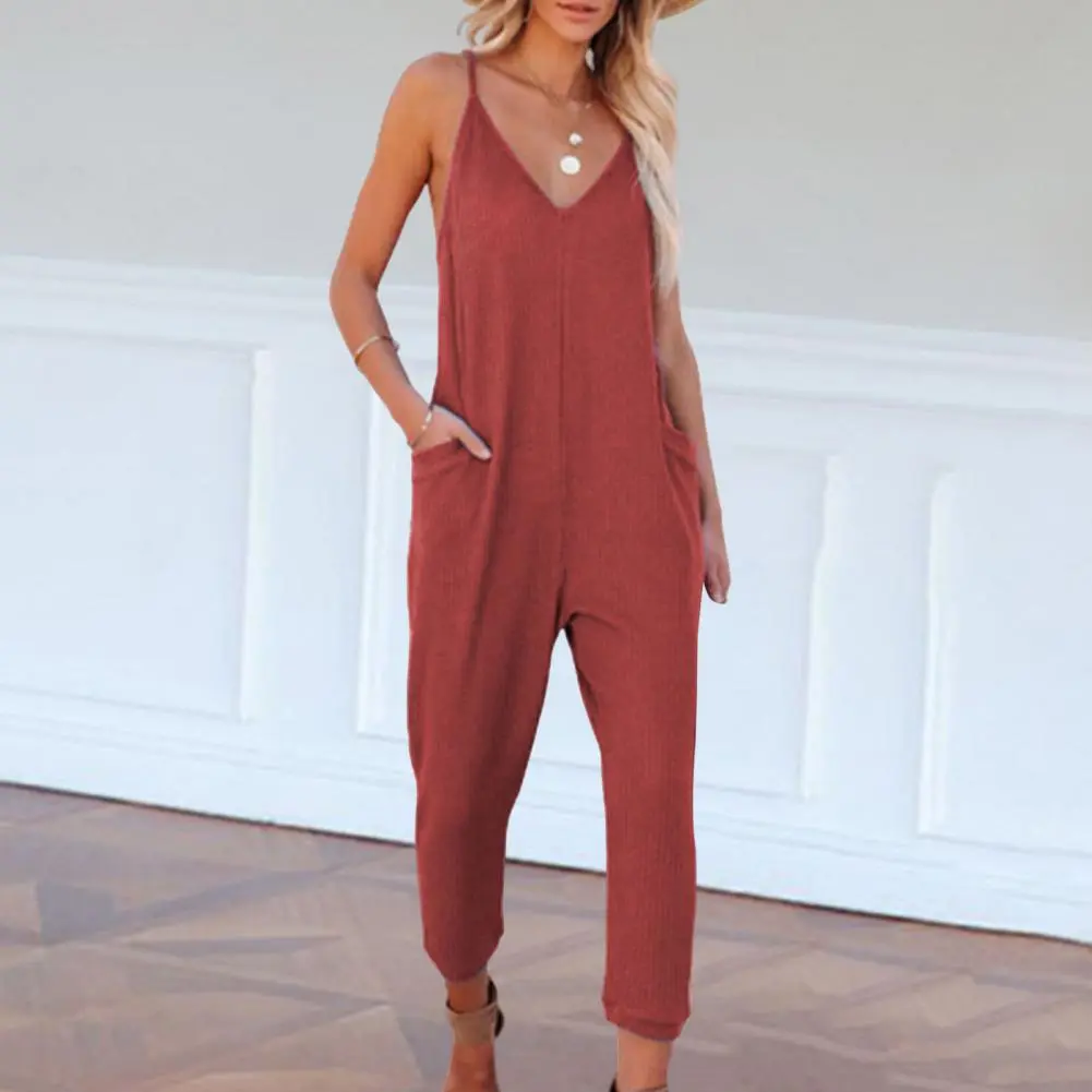Summer Jumpsuit Outfits Women Overalls Slip Pocket Deep V Neck Casual Wide Leg Suspender Pants Women Romper Long Trousers