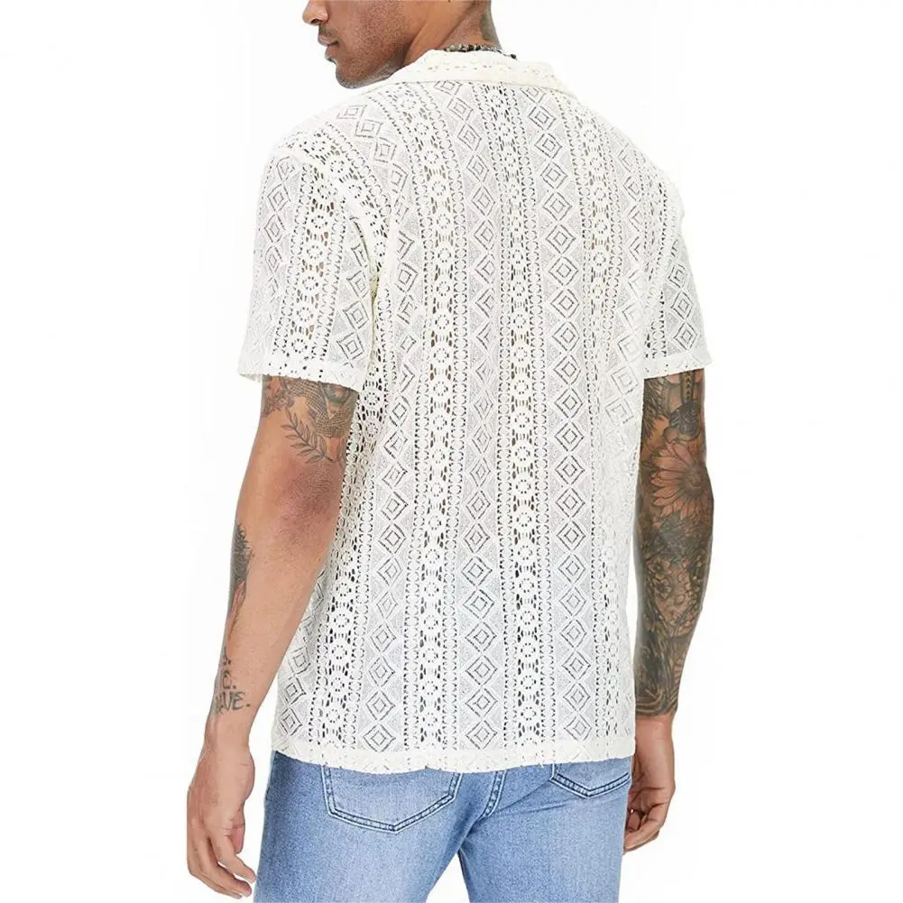 See-through Cutout Men T-shirt Breathable Transparent Short Sleeves Lapel Hollow Out Men Shirt Men Cardigan Party Beach Shirt
