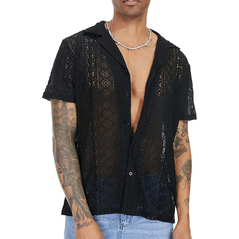 See-through Cutout Men T-shirt Breathable Transparent Short Sleeves Lapel Hollow Out Men Shirt Men Cardigan Party Beach Shirt
