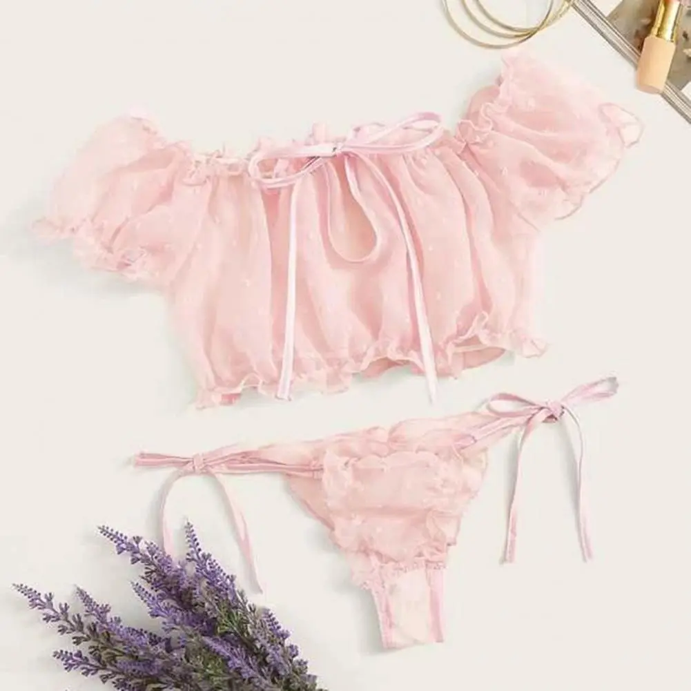 Sexy Side Tie Women Bra Briefs Set Sweet Puff Short Sleeve Bra Low-rise Lace Thong Set Jacquard Decor Lace Bowknot Underwear Set