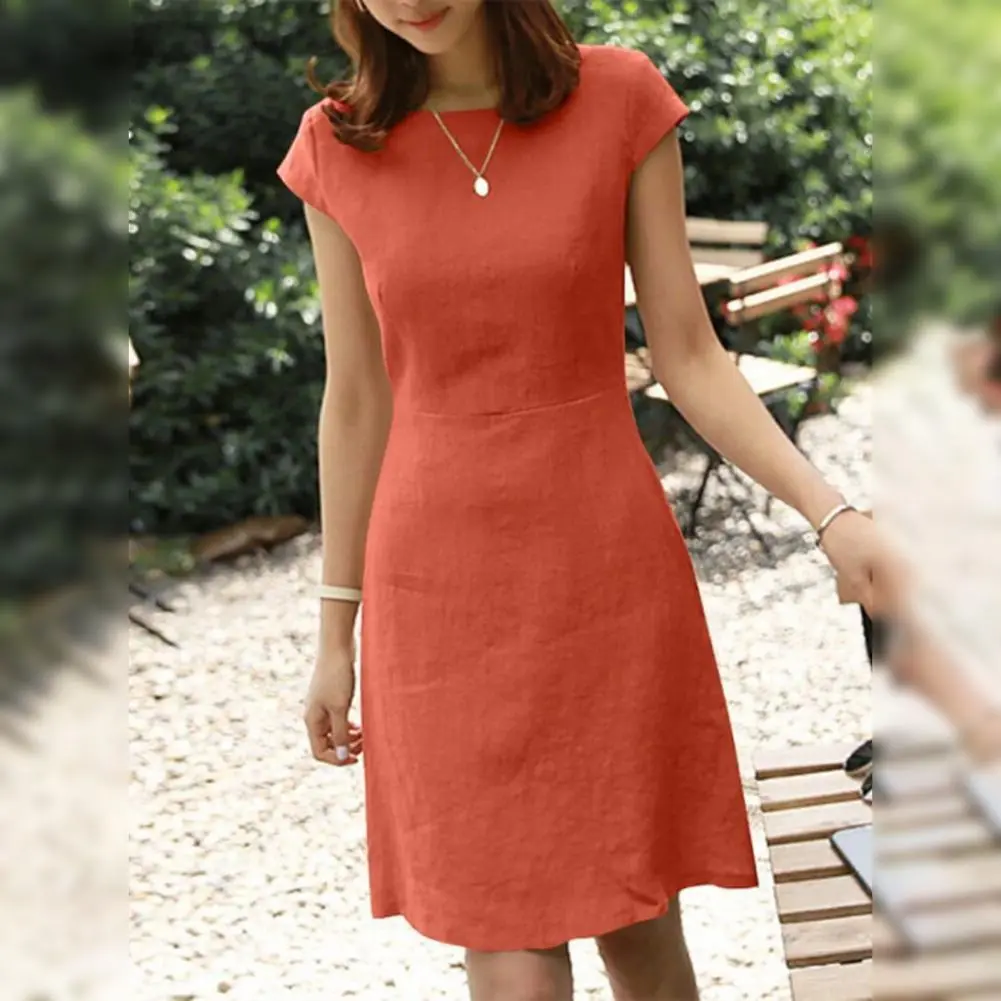 2025 Women Commute Mini Dress Summer o Neck Short Sleeve Classic Dress Pure color Back Zipper Above Knee Length Elegant Gown