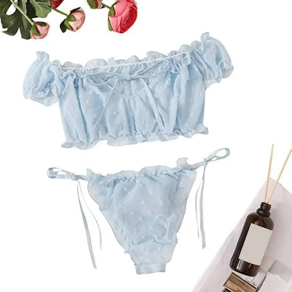 Sexy Side Tie Women Bra Briefs Set Sweet Puff Short Sleeve Bra Low-rise Lace Thong Set Jacquard Decor Lace Bowknot Underwear Set