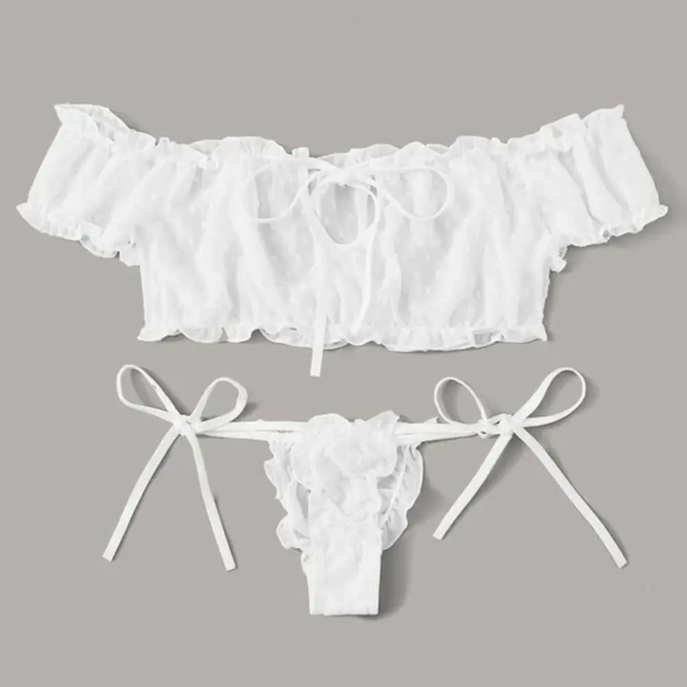 Sexy Side Tie Women Bra Briefs Set Sweet Puff Short Sleeve Bra Low-rise Lace Thong Set Jacquard Decor Lace Bowknot Underwear Set