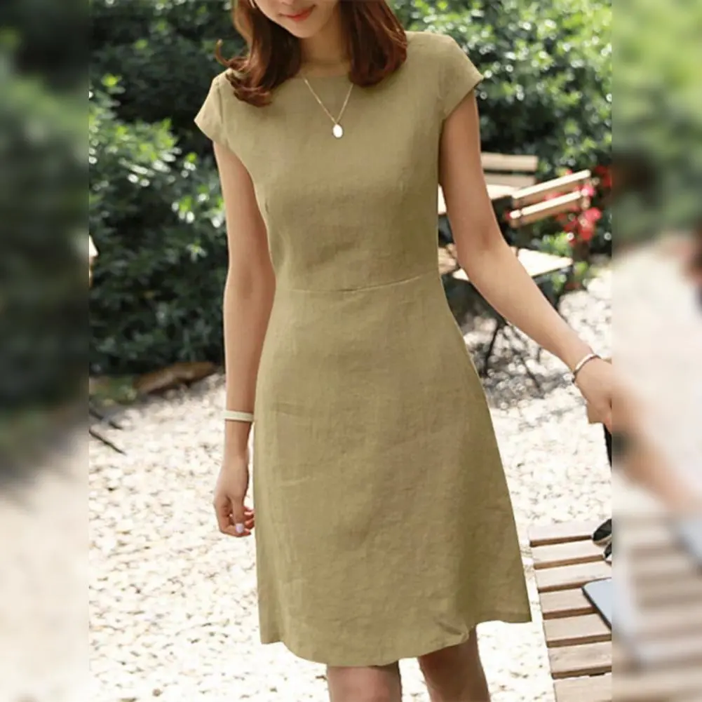 2025 Women Commute Mini Dress Summer o Neck Short Sleeve Classic Dress Pure color Back Zipper Above Knee Length Elegant Gown