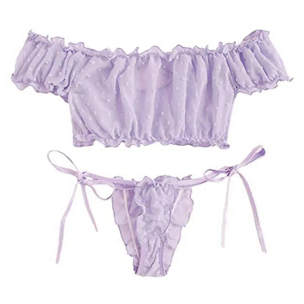 Sexy Side Tie Women Bra Briefs Set Sweet Puff Short Sleeve Bra Low-rise Lace Thong Set Jacquard Decor Lace Bowknot Underwear Set