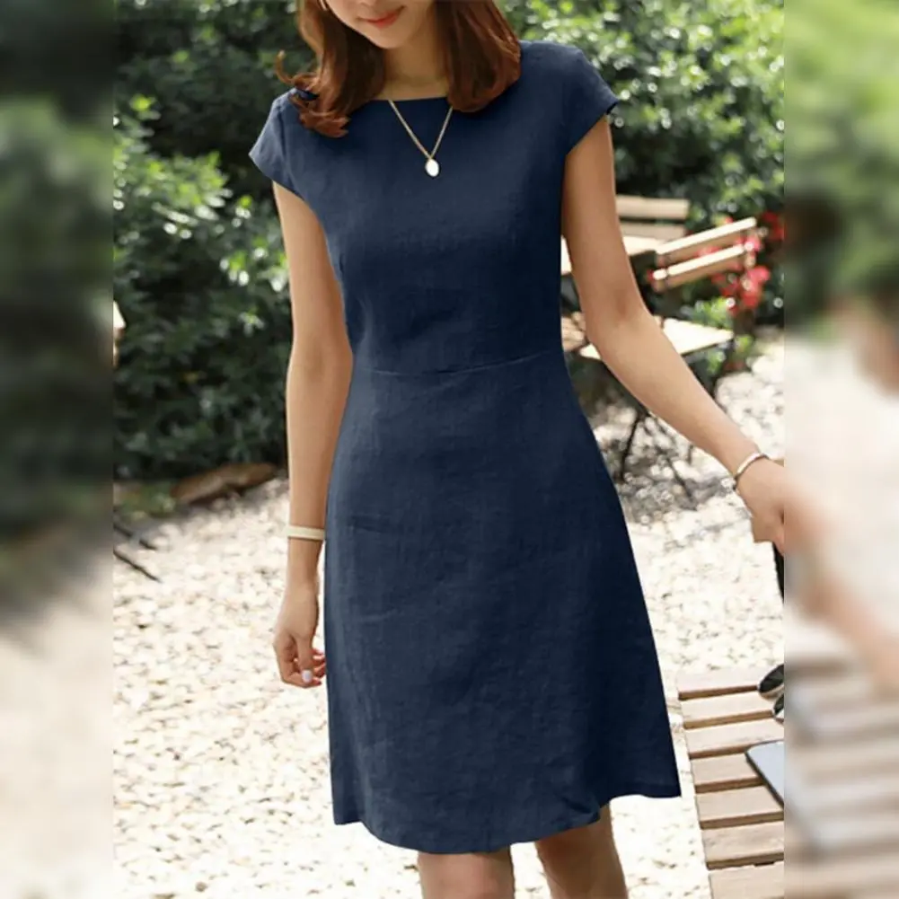 2025 Women Commute Mini Dress Summer o Neck Short Sleeve Classic Dress Pure color Back Zipper Above Knee Length Elegant Gown