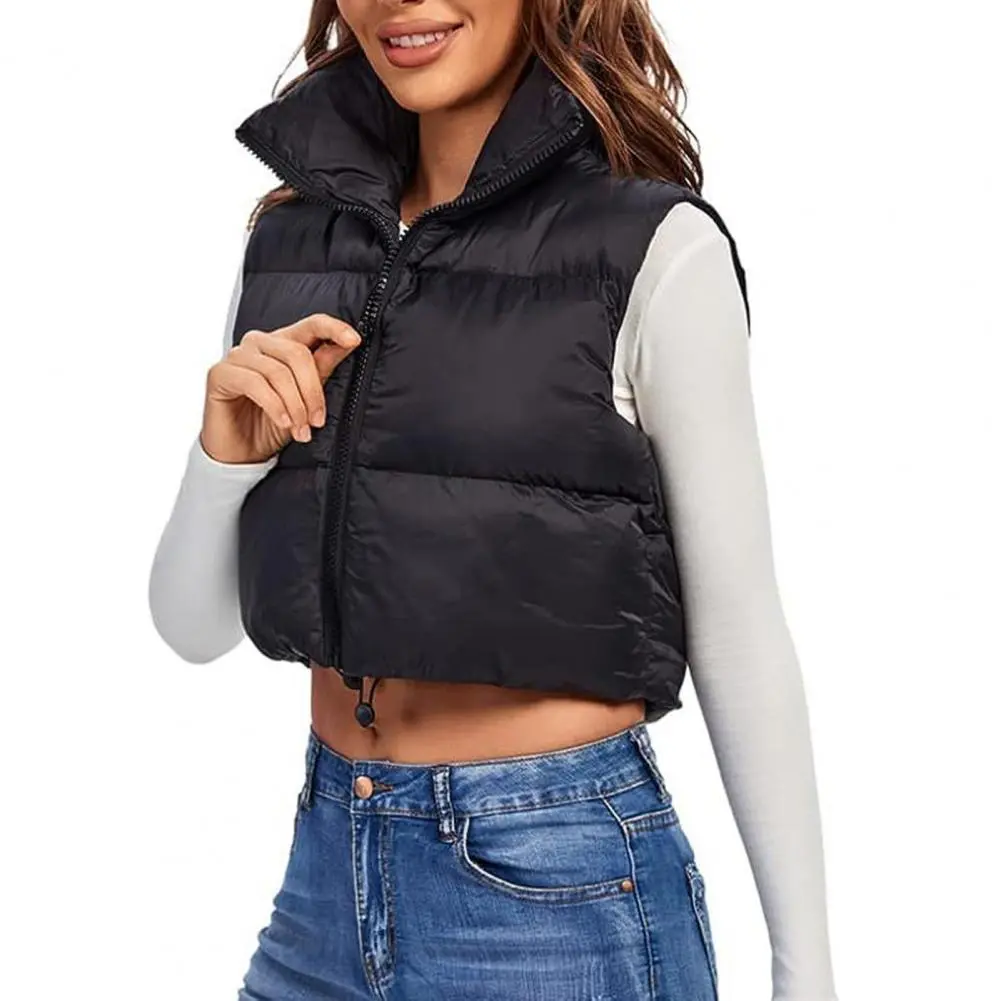 Cotton Padded Crop Top Women Winter Vest Short Sleeveless Jackets Ladies Waistcoat Stand Collar Zipper Cotton Thick Vest Coat