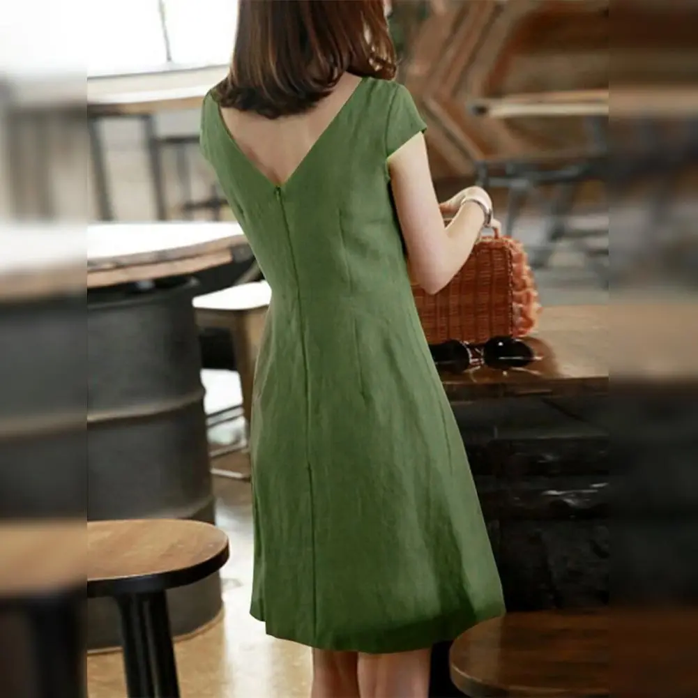 2025 Women Commute Mini Dress Summer o Neck Short Sleeve Classic Dress Pure color Back Zipper Above Knee Length Elegant Gown