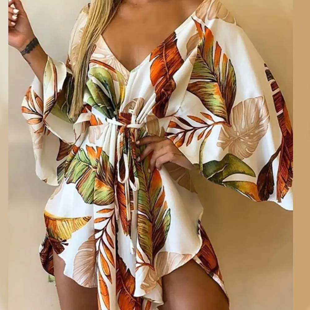 European And American Women's Mini Dress Tropical Printed V-neck Irregular Batwing Sleeve Tie Front Dress Holiday Beach Dresses