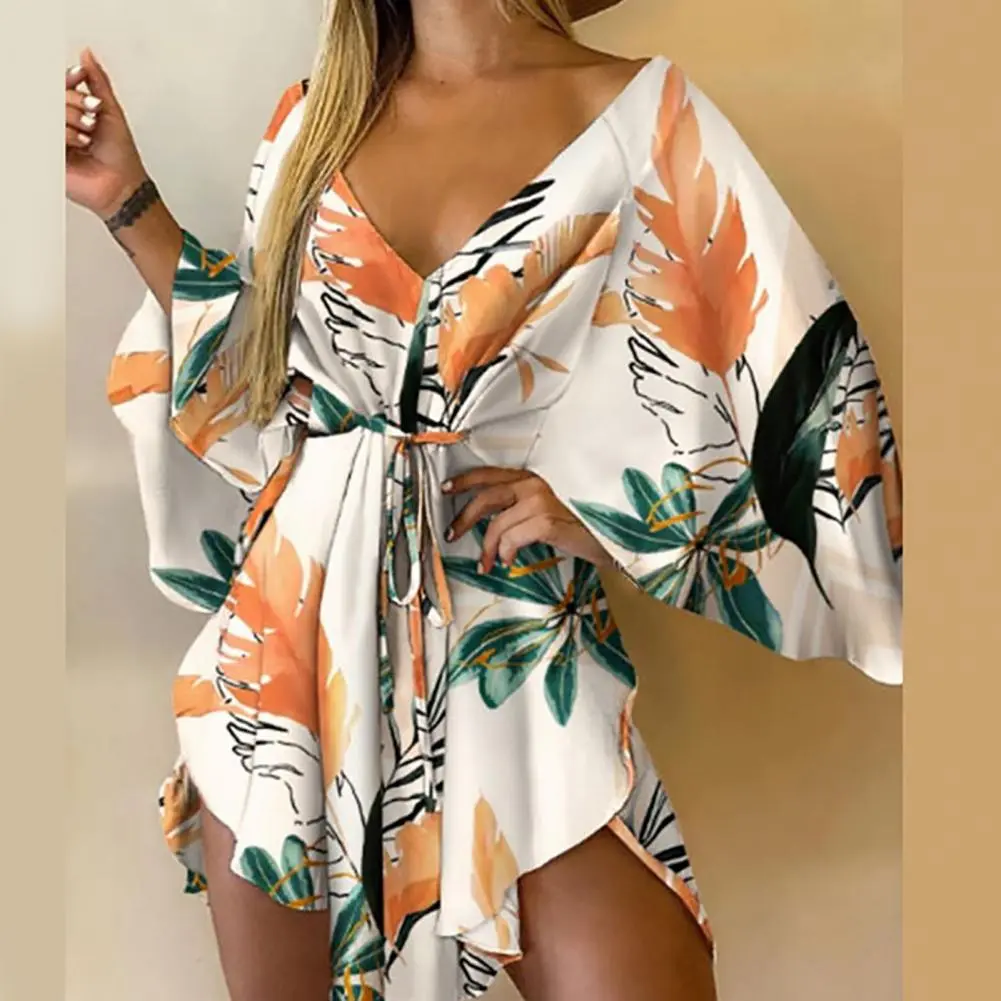 European And American Women's Mini Dress Tropical Printed V-neck Irregular Batwing Sleeve Tie Front Dress Holiday Beach Dresses