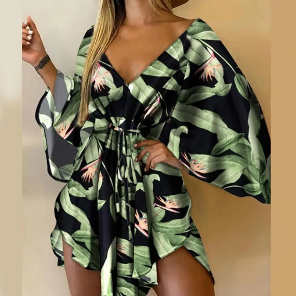 European And American Women's Mini Dress Tropical Printed V-neck Irregular Batwing Sleeve Tie Front Dress Holiday Beach Dresses