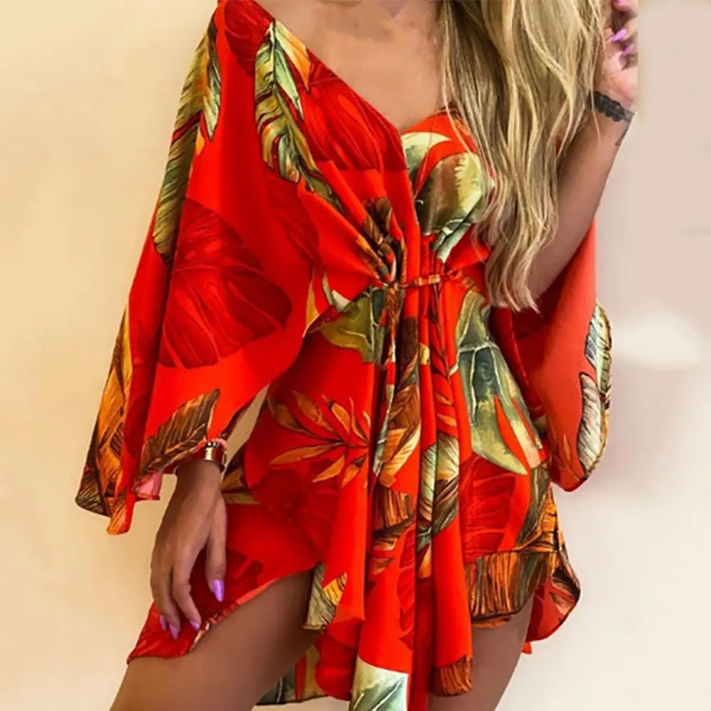 European And American Women's Mini Dress Tropical Printed V-neck Irregular Batwing Sleeve Tie Front Dress Holiday Beach Dresses