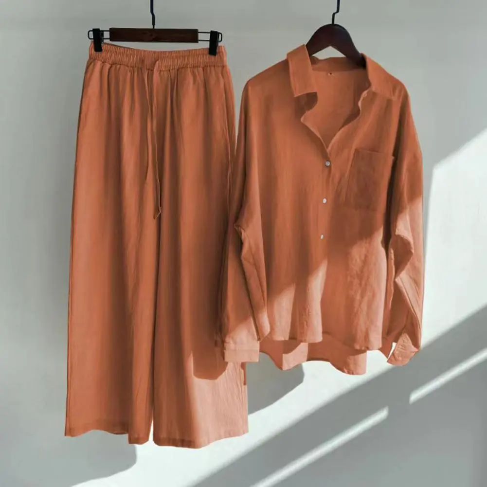 Cotton Linen Women Long Pants Set Wide Leg Pants Set Two Piece Set Vintage Long Sleeve Button Blouse Straight Pants Casual Suits