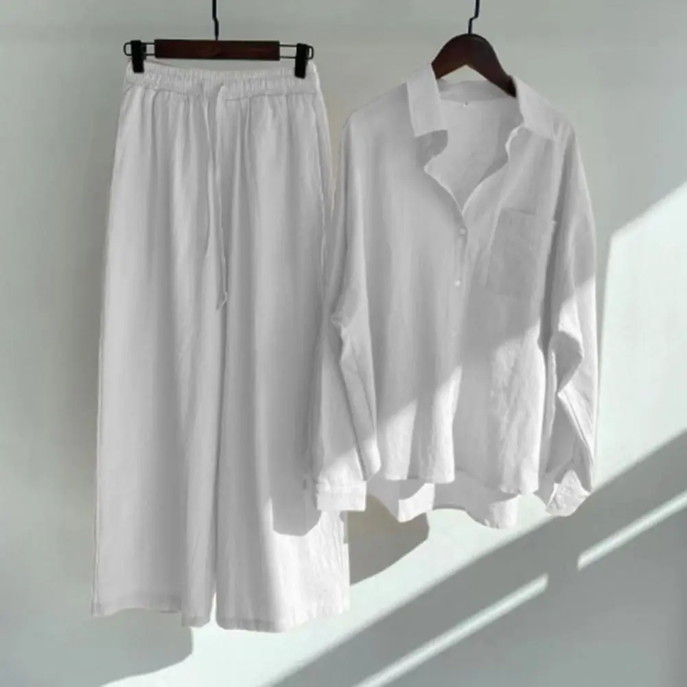 Cotton Linen Women Long Pants Set Wide Leg Pants Set Two Piece Set Vintage Long Sleeve Button Blouse Straight Pants Casual Suits