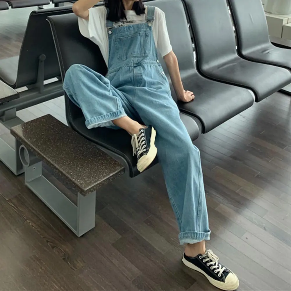Wrinkle-resistant Jumpsuit Sleeveless Casual Overalls Women's Wide-leg Denim Bib Overalls with Adjustable Straps for Spring