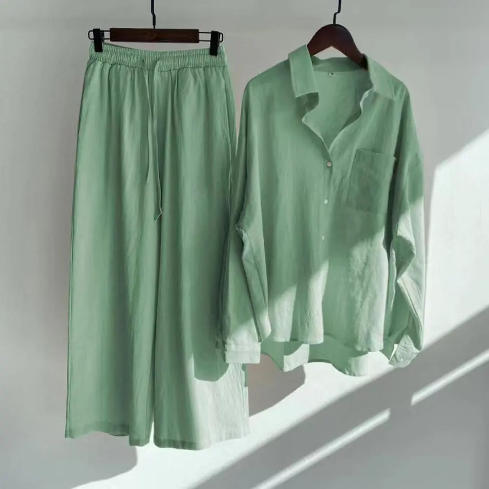 Cotton Linen Women Long Pants Set Wide Leg Pants Set Two Piece Set Vintage Long Sleeve Button Blouse Straight Pants Casual Suits