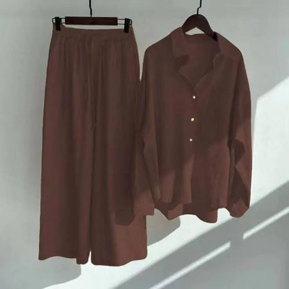 Cotton Linen Women Long Pants Set Wide Leg Pants Set Two Piece Set Vintage Long Sleeve Button Blouse Straight Pants Casual Suits