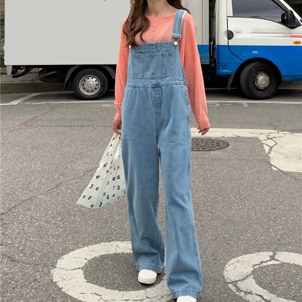 Wrinkle-resistant Jumpsuit Sleeveless Casual Overalls Women's Wide-leg Denim Bib Overalls with Adjustable Straps for Spring