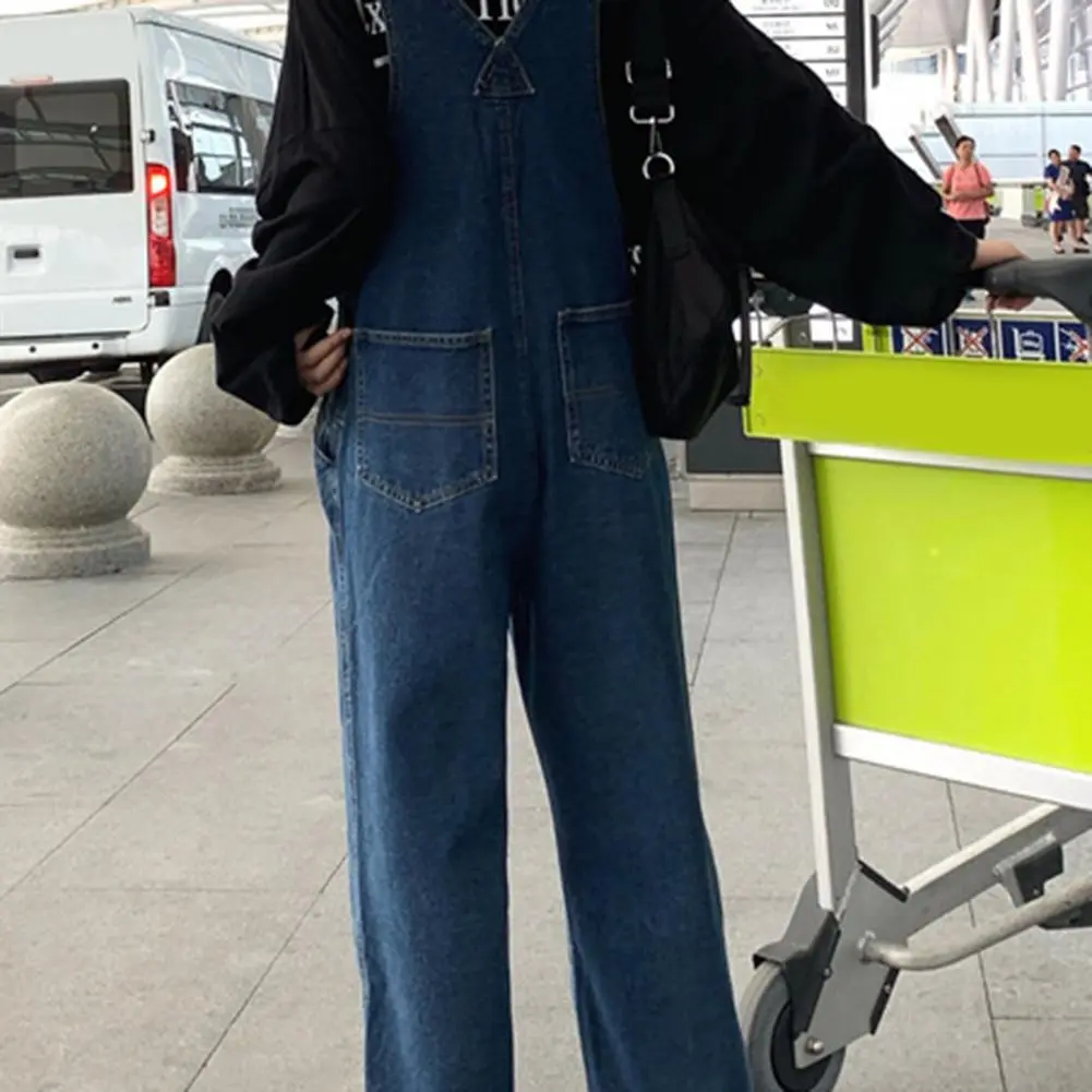 Wrinkle-resistant Jumpsuit Sleeveless Casual Overalls Women's Wide-leg Denim Bib Overalls with Adjustable Straps for Spring