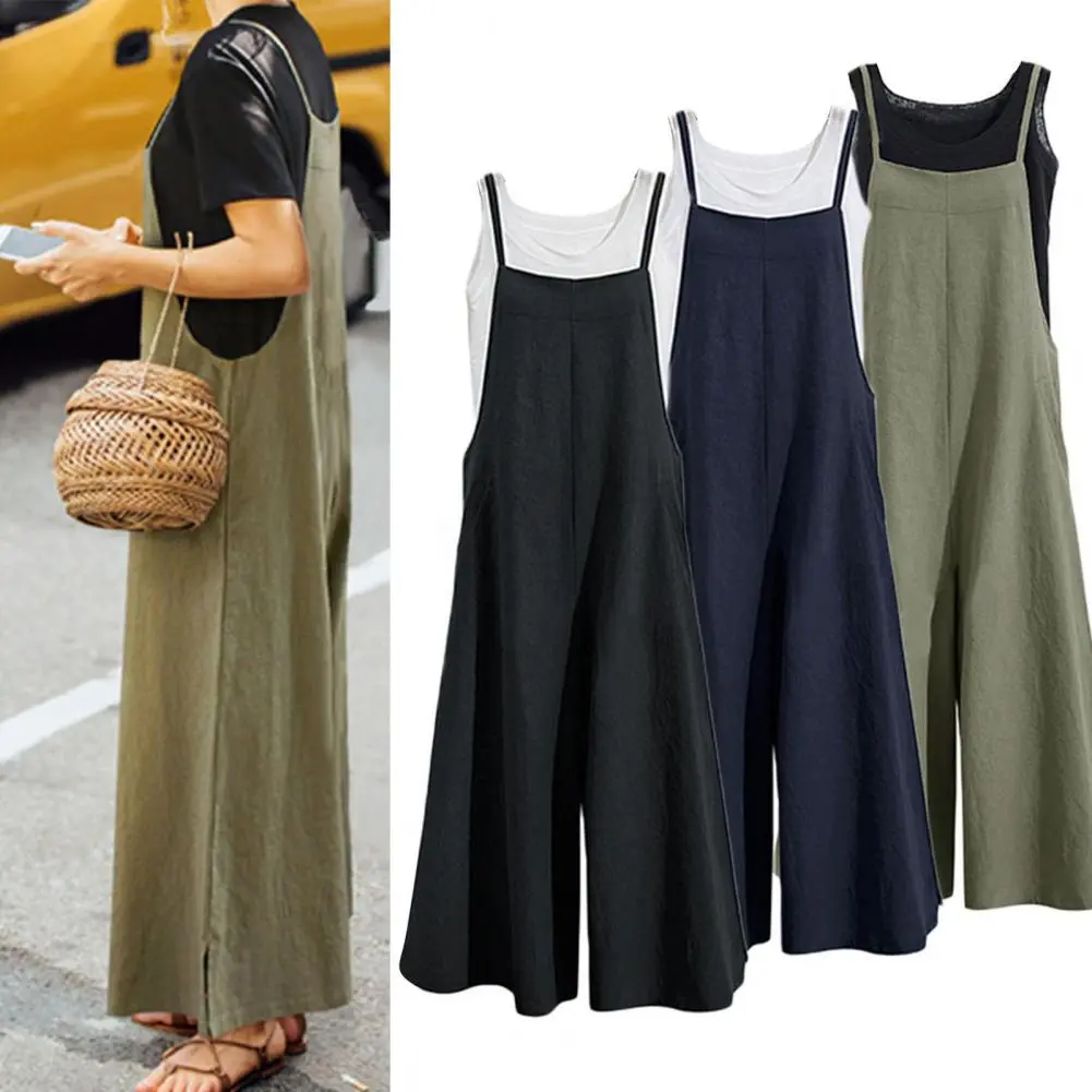 Solid Color Baggy Jumpsuit Wide Leg Women Romper Oversized Square Neck Adjustable Shoulder Strap Summer Jumpsuit Female Romper