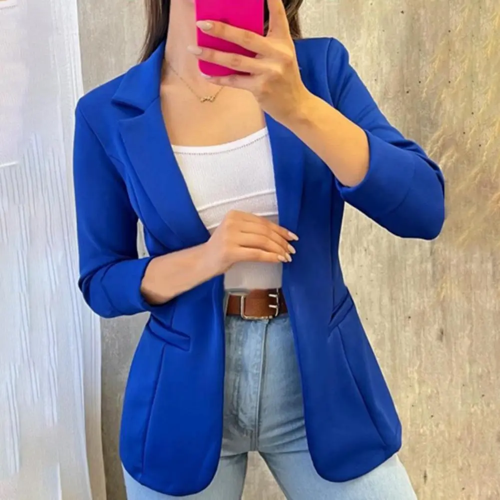 Women Blazers Lapel Formal Business OL Style Commute Jacket Korean Solid Color Lapel Long Sleeve Mid Length Coat Jackets