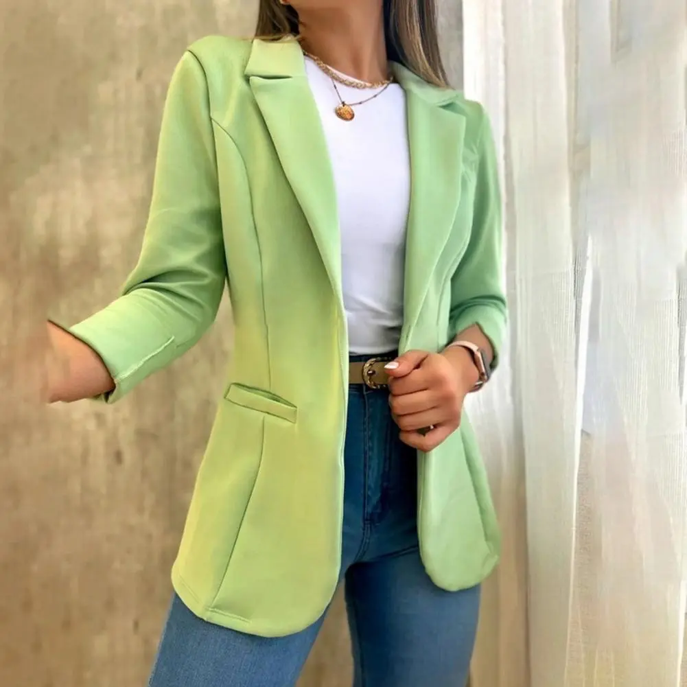 Women Blazers Lapel Formal Business OL Style Commute Jacket Korean Solid Color Lapel Long Sleeve Mid Length Coat Jackets