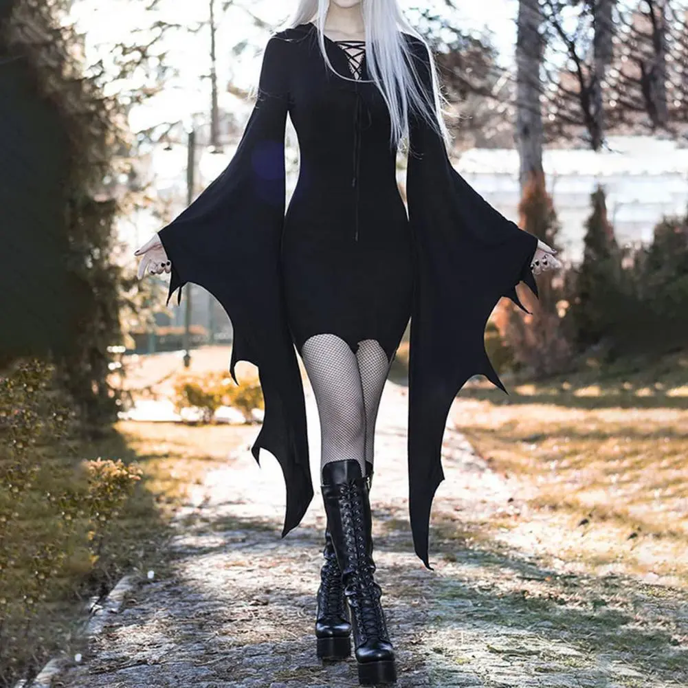 2024 Sexy Gothic Women Dress Long Batwing Sleeve Dark Style Irregular Cuff Lace Up Sheath Vampires Costume Dress Halloween Dress