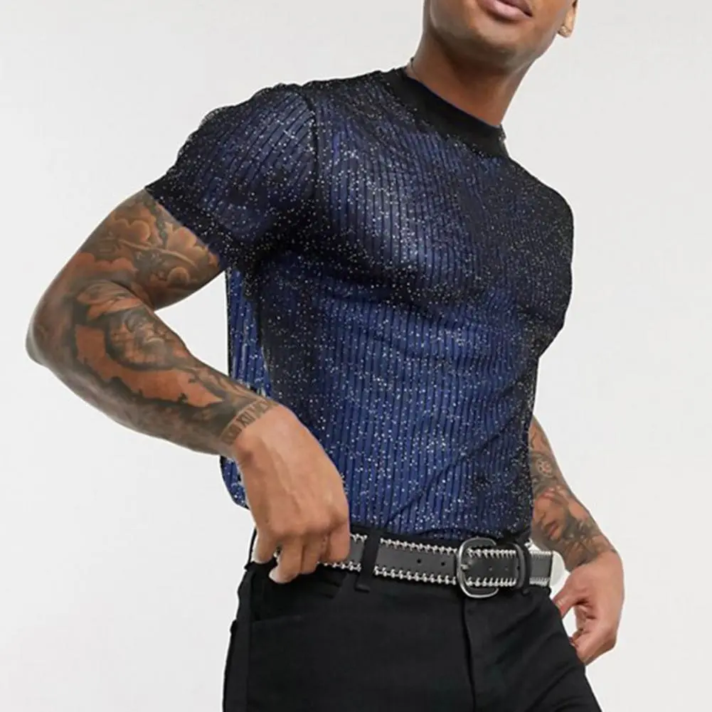 Men Blouse Sexy Men Mesh T Shirt See Through Short Sleeve Slim Shiny Party Nightclub T Shirts for Men Club Tops zero Camiseta