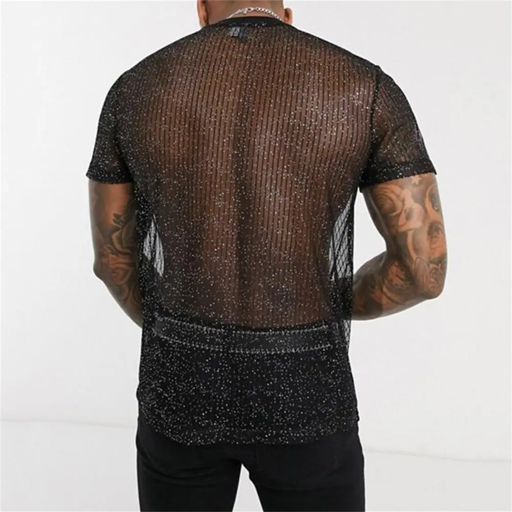 Men Blouse Sexy Men Mesh T Shirt See Through Short Sleeve Slim Shiny Party Nightclub T Shirts for Men Club Tops zero Camiseta