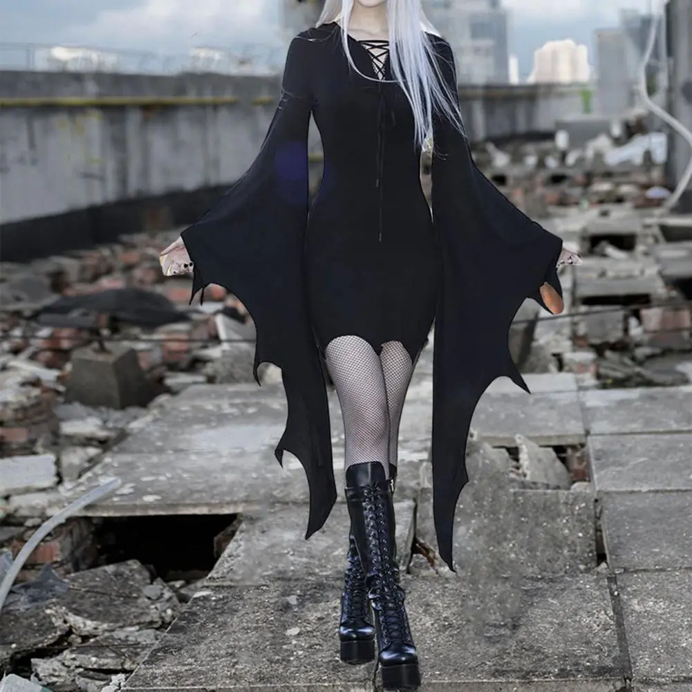 2024 Sexy Gothic Women Dress Long Batwing Sleeve Dark Style Irregular Cuff Lace Up Sheath Vampires Costume Dress Halloween Dress