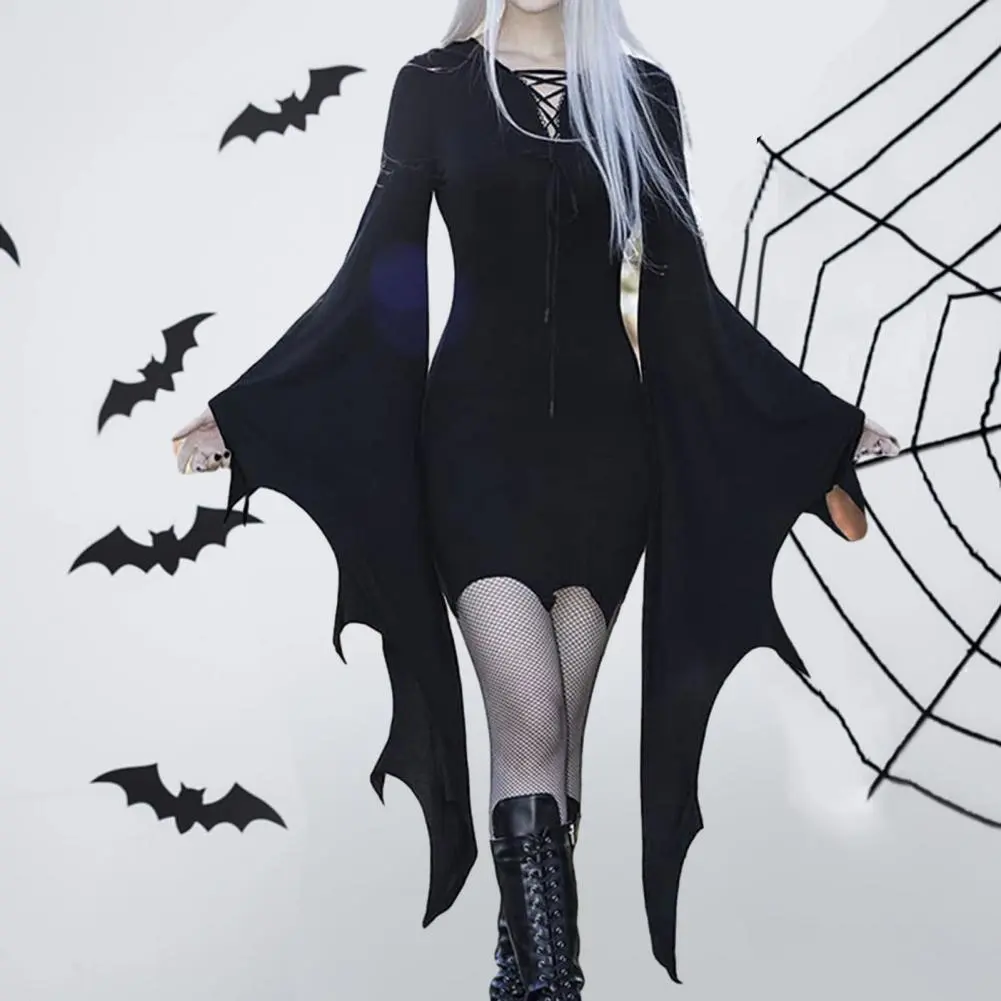 2024 Sexy Gothic Women Dress Long Batwing Sleeve Dark Style Irregular Cuff Lace Up Sheath Vampires Costume Dress Halloween Dress