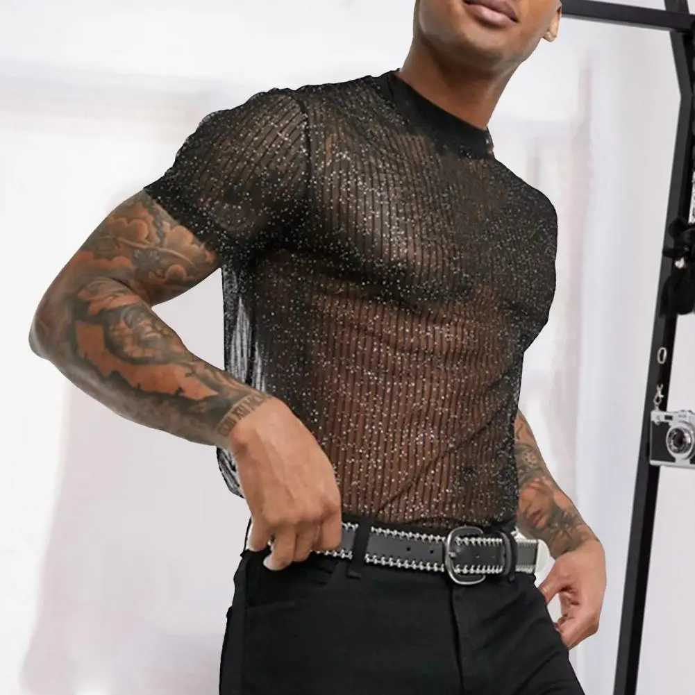 Men Blouse Sexy Men Mesh T Shirt See Through Short Sleeve Slim Shiny Party Nightclub T Shirts for Men Club Tops zero Camiseta