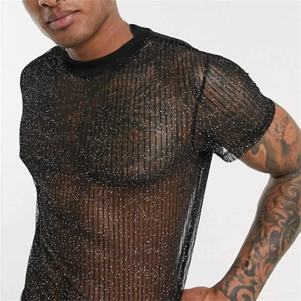 Men Blouse Sexy Men Mesh T Shirt See Through Short Sleeve Slim Shiny Party Nightclub T Shirts for Men Club Tops zero Camiseta