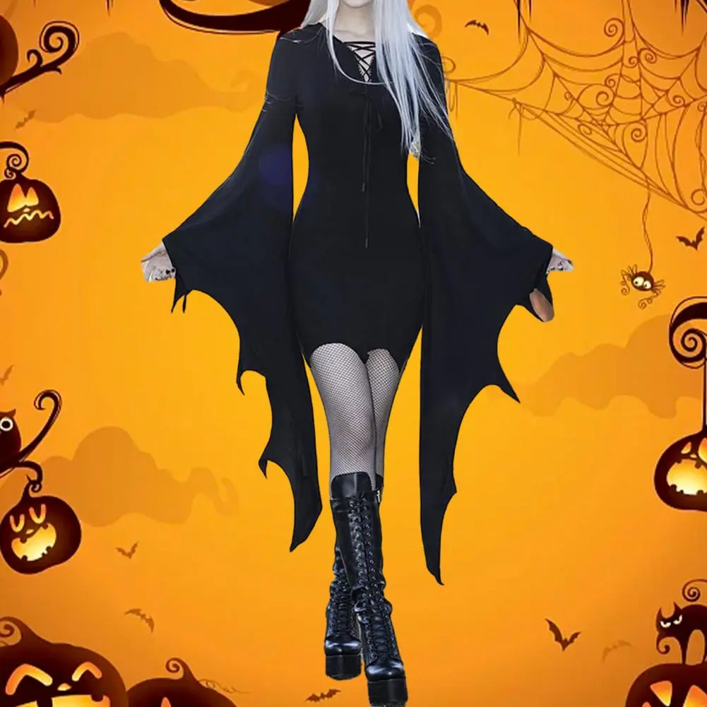 2024 Sexy Gothic Women Dress Long Batwing Sleeve Dark Style Irregular Cuff Lace Up Sheath Vampires Costume Dress Halloween Dress