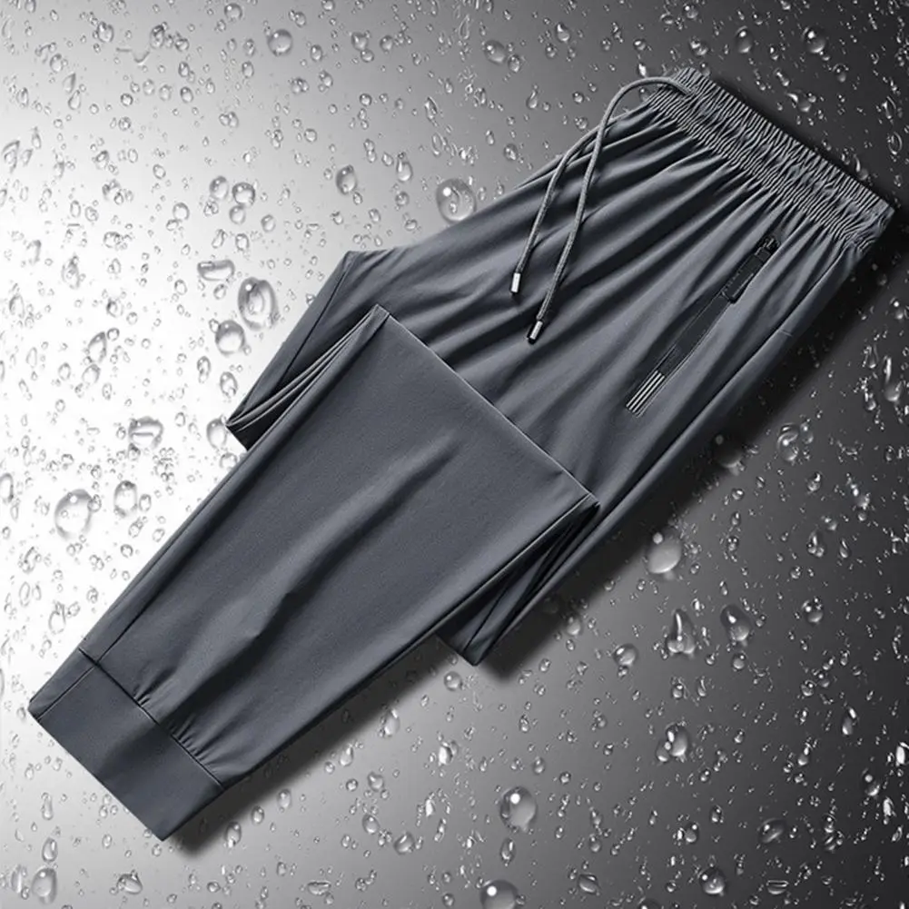 2025 M-5XL Men Sport Pants Ice Silk Quick-drying Ankle-banded Zipper Pockets Drawstring Trousers For Men Jogging Long Trousers