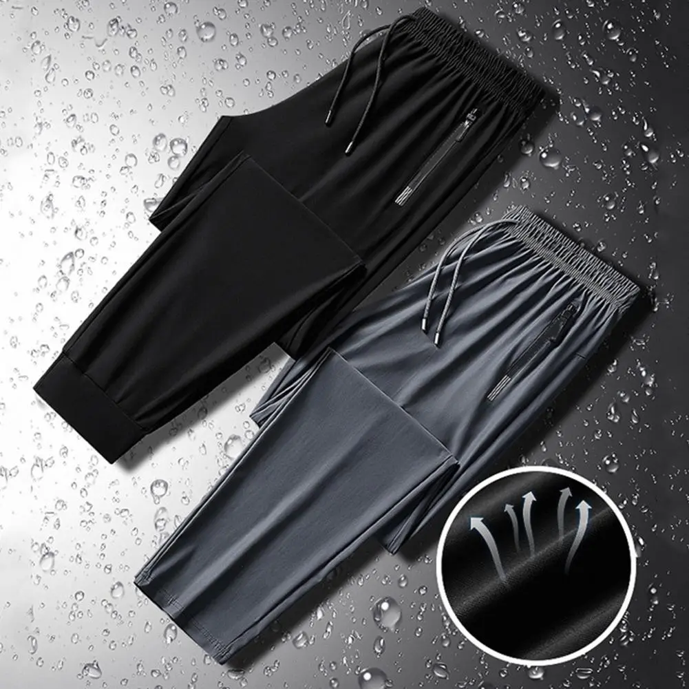 2025 M-5XL Men Sport Pants Ice Silk Quick-drying Ankle-banded Zipper Pockets Drawstring Trousers For Men Jogging Long Trousers
