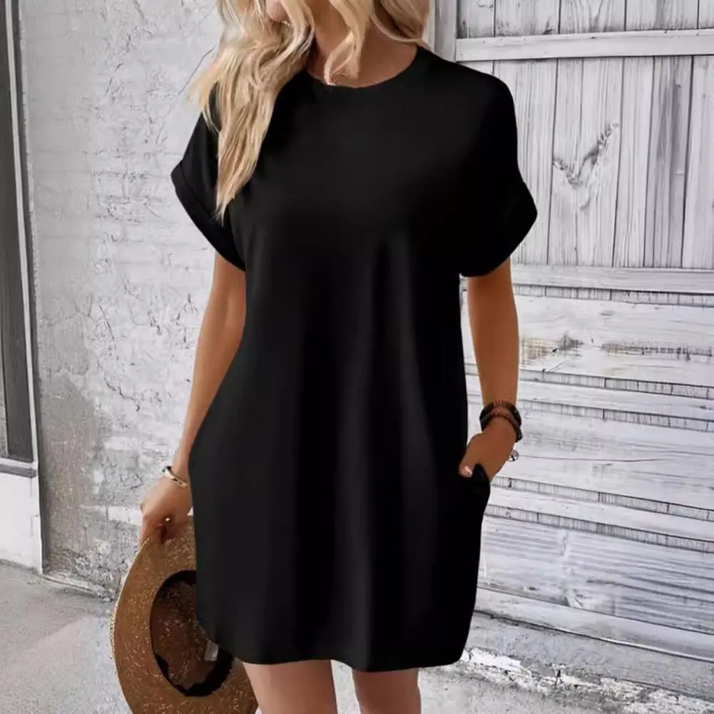 2025 Dolman Sleeve Women Dress Round Neck Short Sleeves Loose Hem Dress Side Pockets Loose Solid Color Casual Summer Mini dress