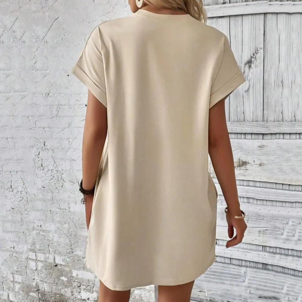 2025 Dolman Sleeve Women Dress Round Neck Short Sleeves Loose Hem Dress Side Pockets Loose Solid Color Casual Summer Mini dress