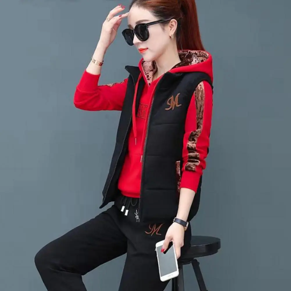 Winter Tracksuit Women Three-piece Suit Stylish Women's 3-piece Set Embroidered Waistcoat Hooded Top Ladies Casual Activewear