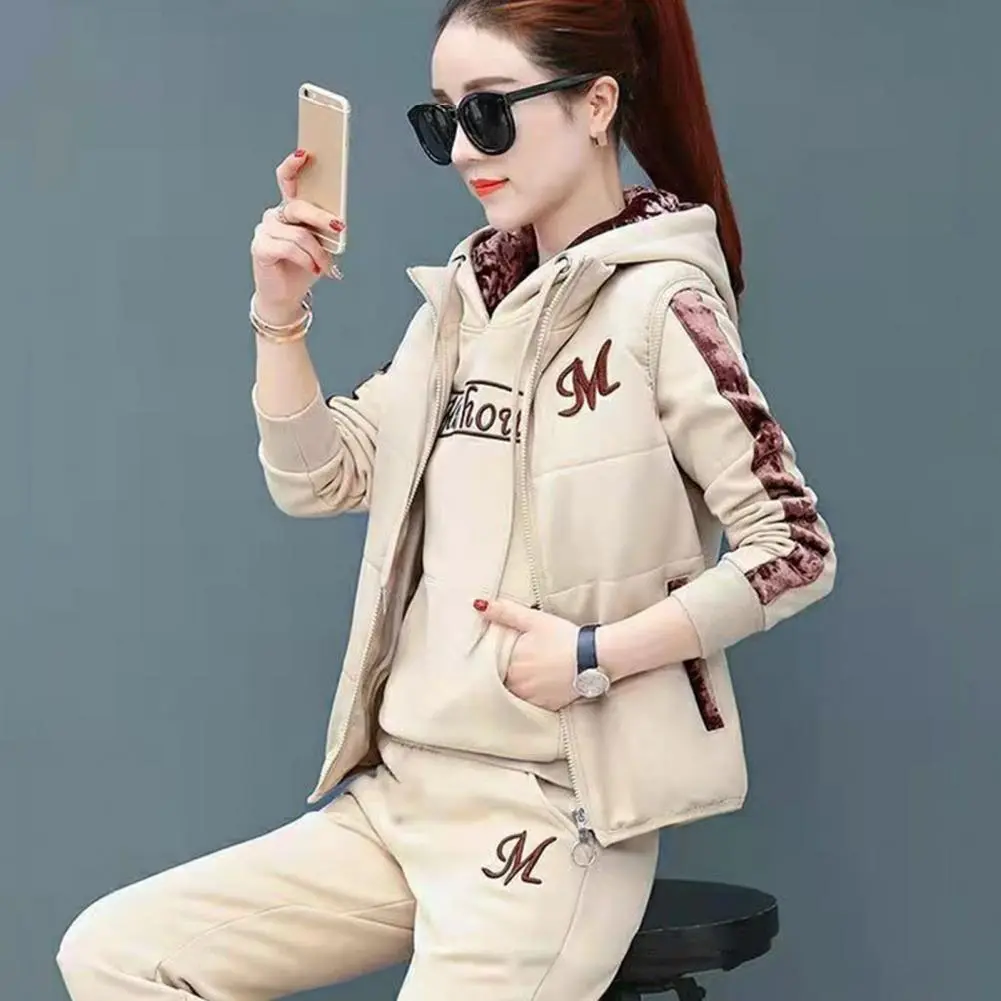 Winter Tracksuit Women Three-piece Suit Stylish Women's 3-piece Set Embroidered Waistcoat Hooded Top Ladies Casual Activewear