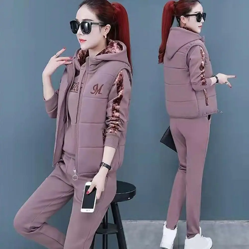 Winter Tracksuit Women Three-piece Suit Stylish Women's 3-piece Set Embroidered Waistcoat Hooded Top Ladies Casual Activewear