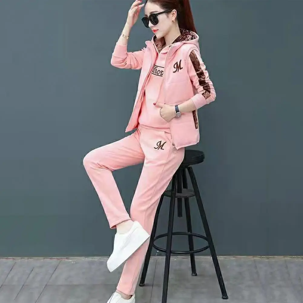 Winter Tracksuit Women Three-piece Suit Stylish Women's 3-piece Set Embroidered Waistcoat Hooded Top Ladies Casual Activewear