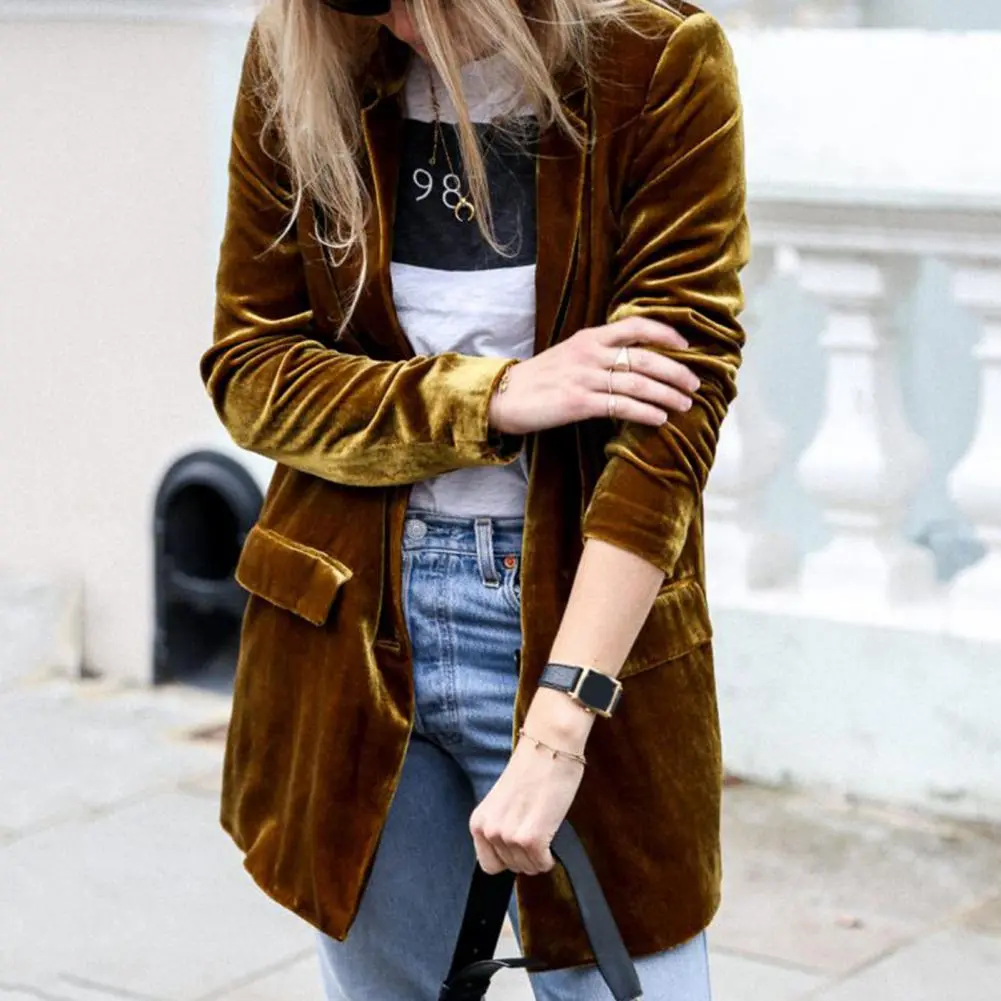 Velvet Women Office Lady Long Sleeve Double breasted Mid length Casual Coat Ladies Outerwear Stylish Relaxed Fit Blazer