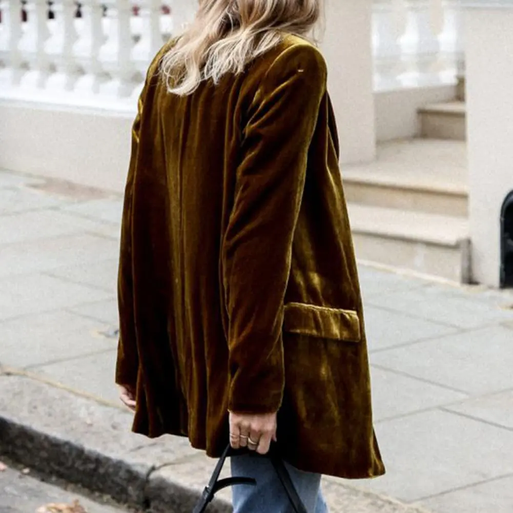 Velvet Women Office Lady Long Sleeve Double breasted Mid length Casual Coat Ladies Outerwear Stylish Relaxed Fit Blazer