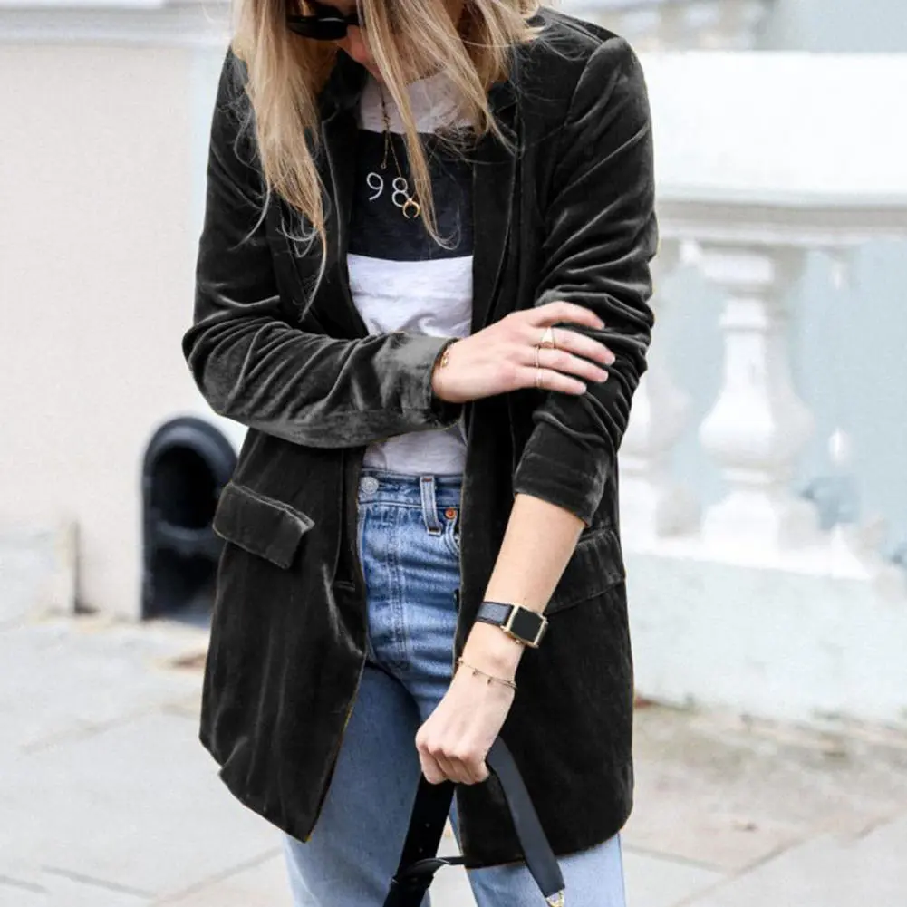 Velvet Women Office Lady Long Sleeve Double breasted Mid length Casual Coat Ladies Outerwear Stylish Relaxed Fit Blazer